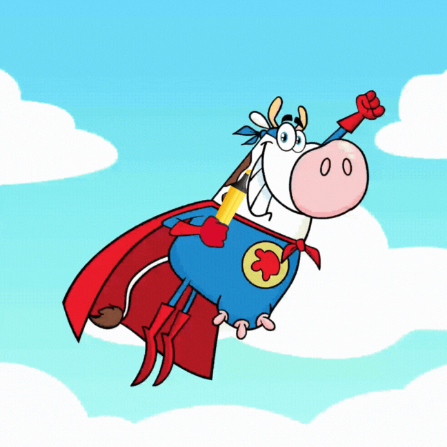 a gif of a cartoon drawing of a cow in a hero costume. The cow is holding a yellow highlighter marker.