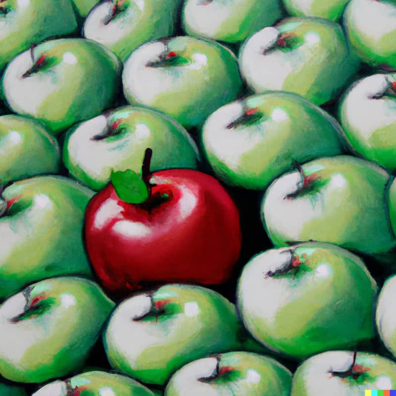 one red apple in a bunch of green apples