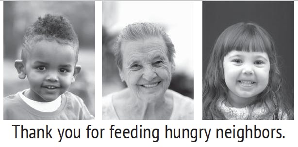 A picture of three people: a young boy, an older woman, and a young girl. The caption reads: Thank you for feeding hungry neighbors.