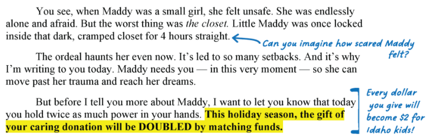 Screenshot of a fundraising letter excerpt in black serif text, with blue handwritten-style annotations and a yellow highlight across the final sentence. Transcription: “You see, when Maddy was a small girl, she felt unsafe. She was endlessly alone and afraid. But the worst thing was the closet. Little Maddy was once locked inside that dark, cramped closet for 4 hours straight. The ordeal haunts her even now. It’s led to so many setbacks. And it’s why I’m writing to you today. Maddy needs you — in this very moment — so she can move past her trauma and reach her dreams. But before I tell you more about Maddy, I want to let you know that today you hold twice as much power in your hands. This holiday season, the gift of your caring donation will be DOUBLED by matching funds.” Blue note with arrow: “Can you imagine how scared Maddy felt?” Blue bracketed note at right: “Every dollar you give will become $2 for Idaho kids!”