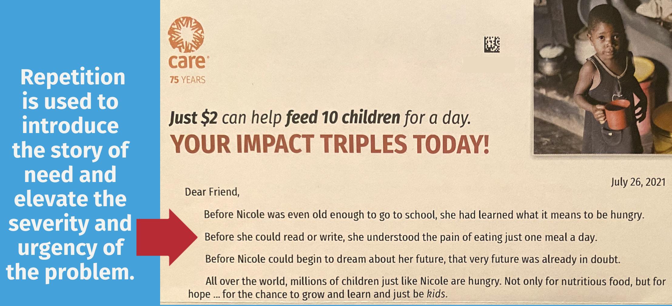 an image of an excerpt from a Care appeal. It repeats the words "before nicole" three times to elevate the severity of the problem.