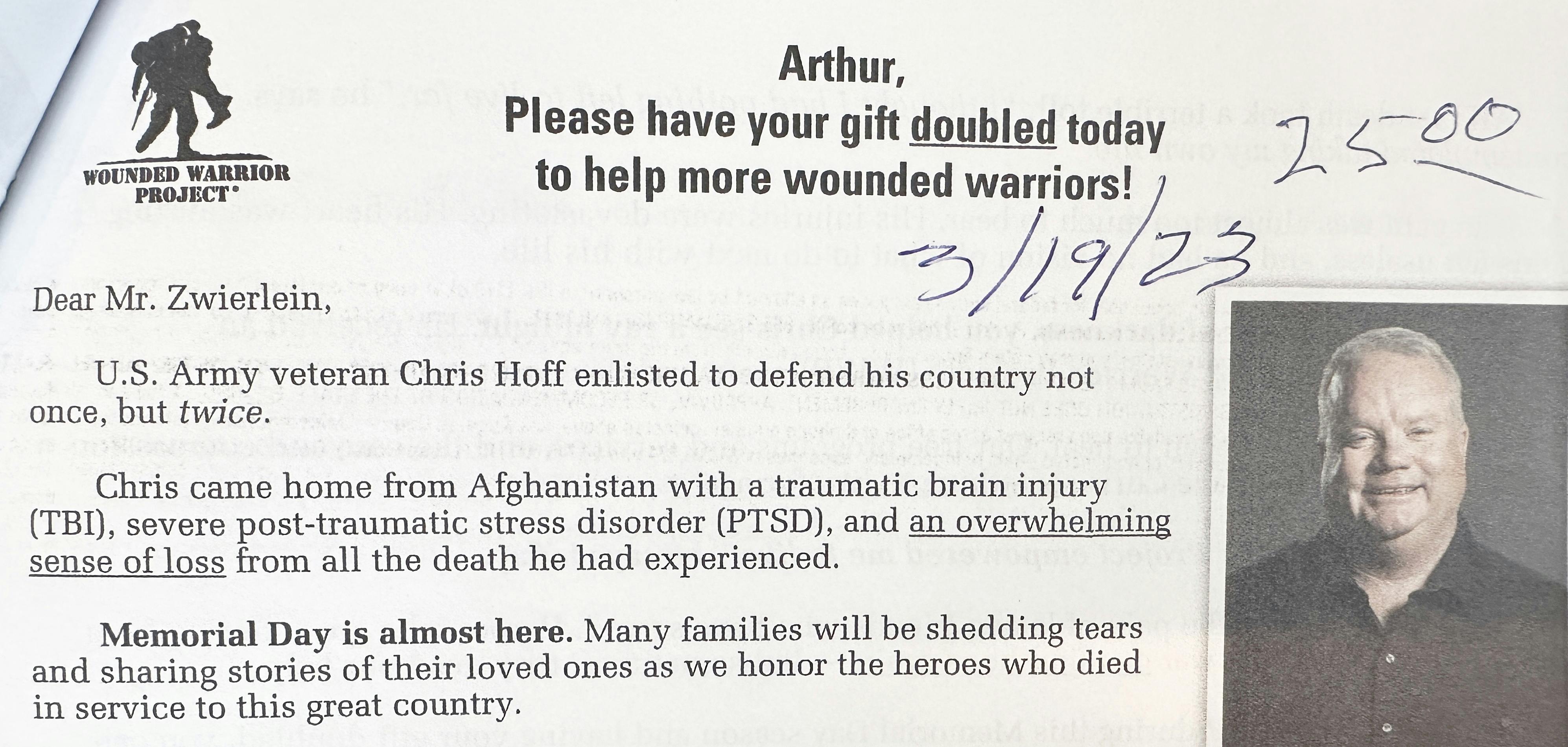 photo showing Wounded Warrior Project appeal letter with handwritten note from Bud