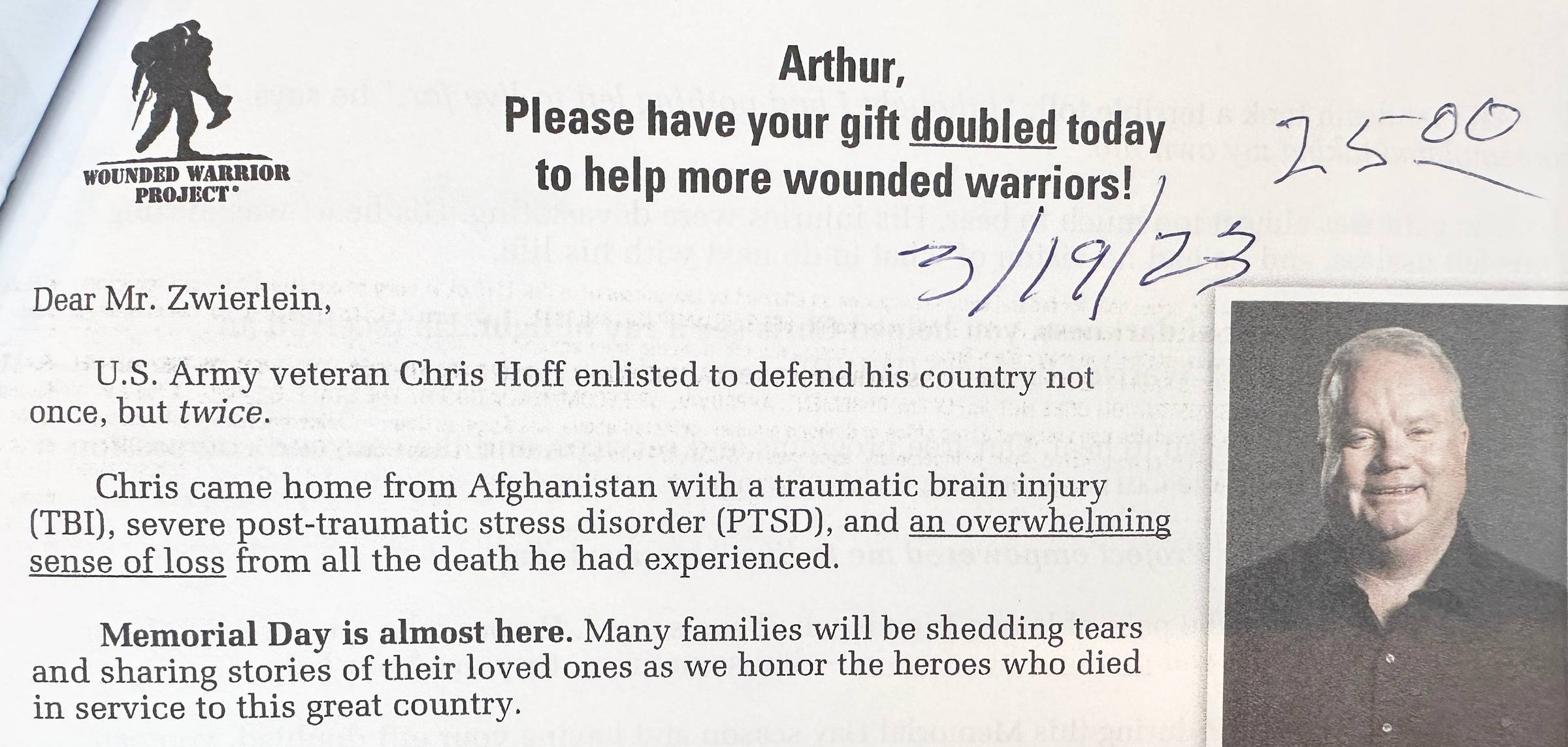 photo showing Wounded Warrior Project appeal letter with handwritten note from Bud