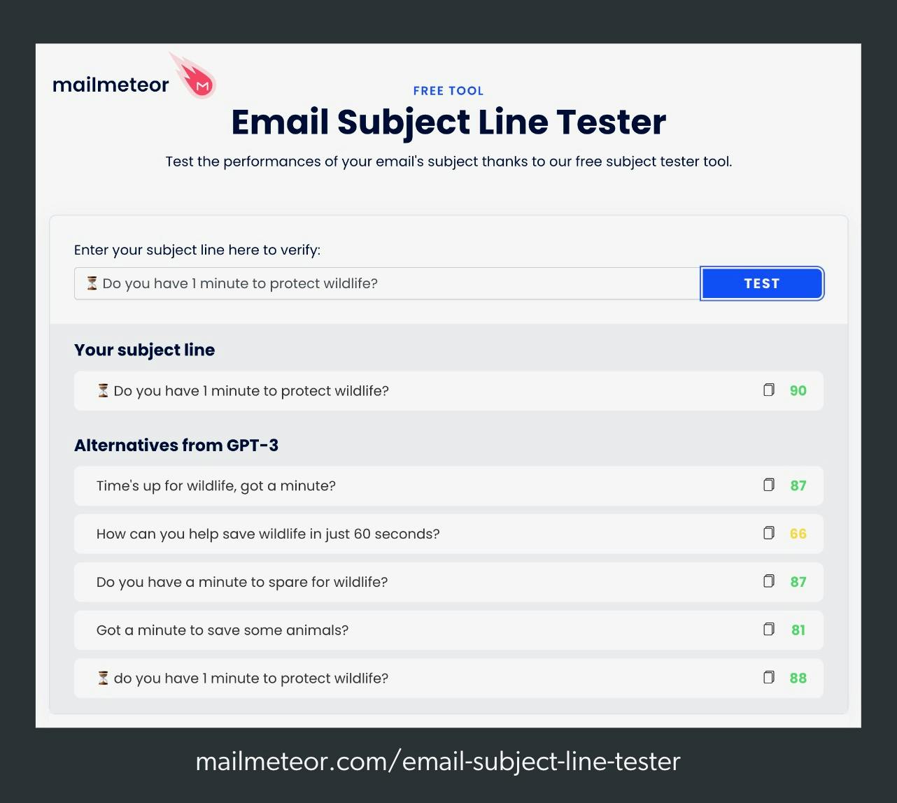 screenshot of mailmeteor subject line tester