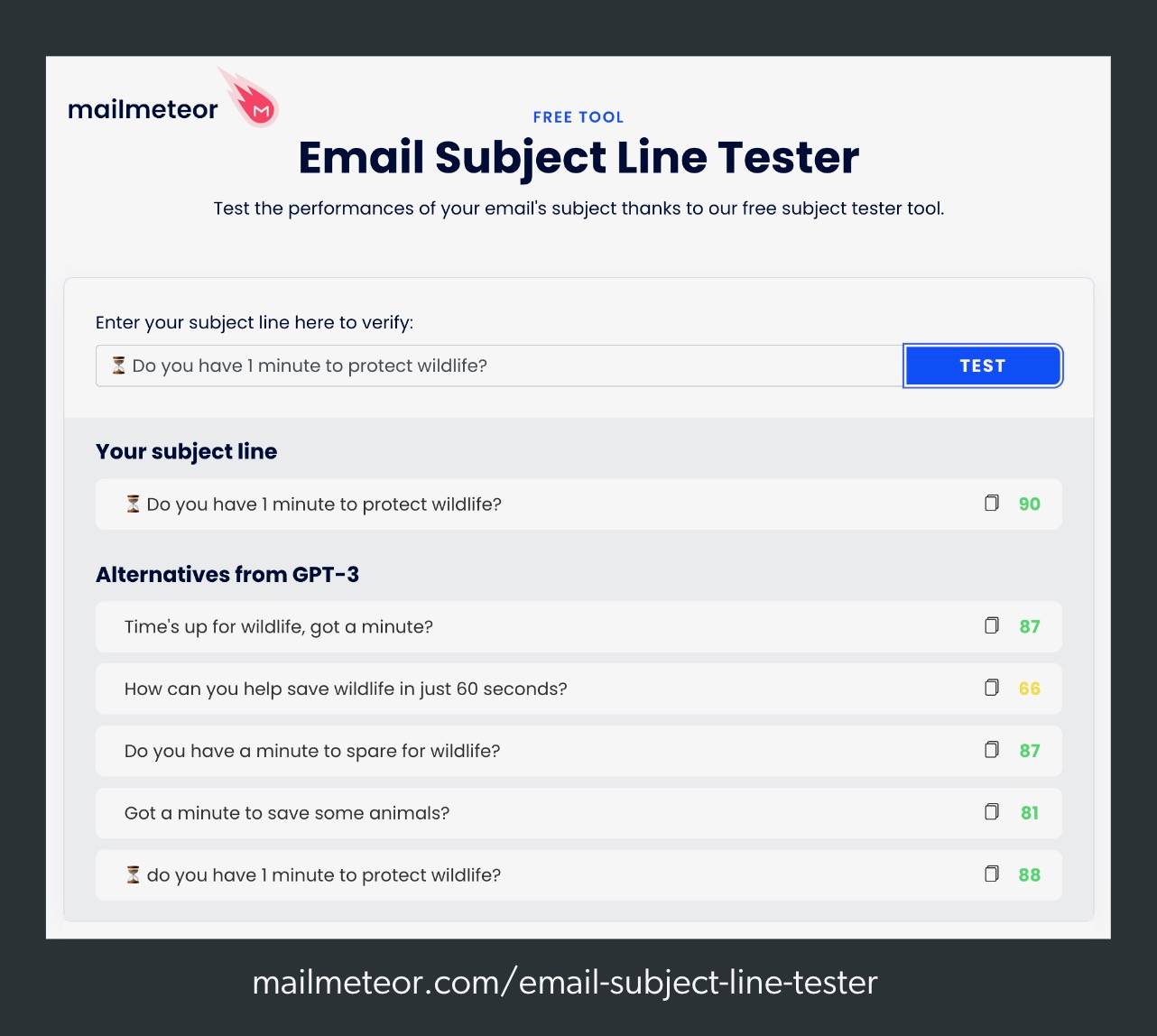 screenshot of mailmeteor subject line tester