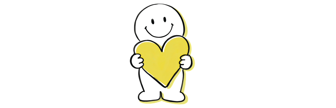 line drawing of a happy face with body holding a huge heart