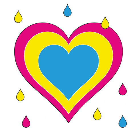 a pink, yellow, and blue heart in the center with rain drops