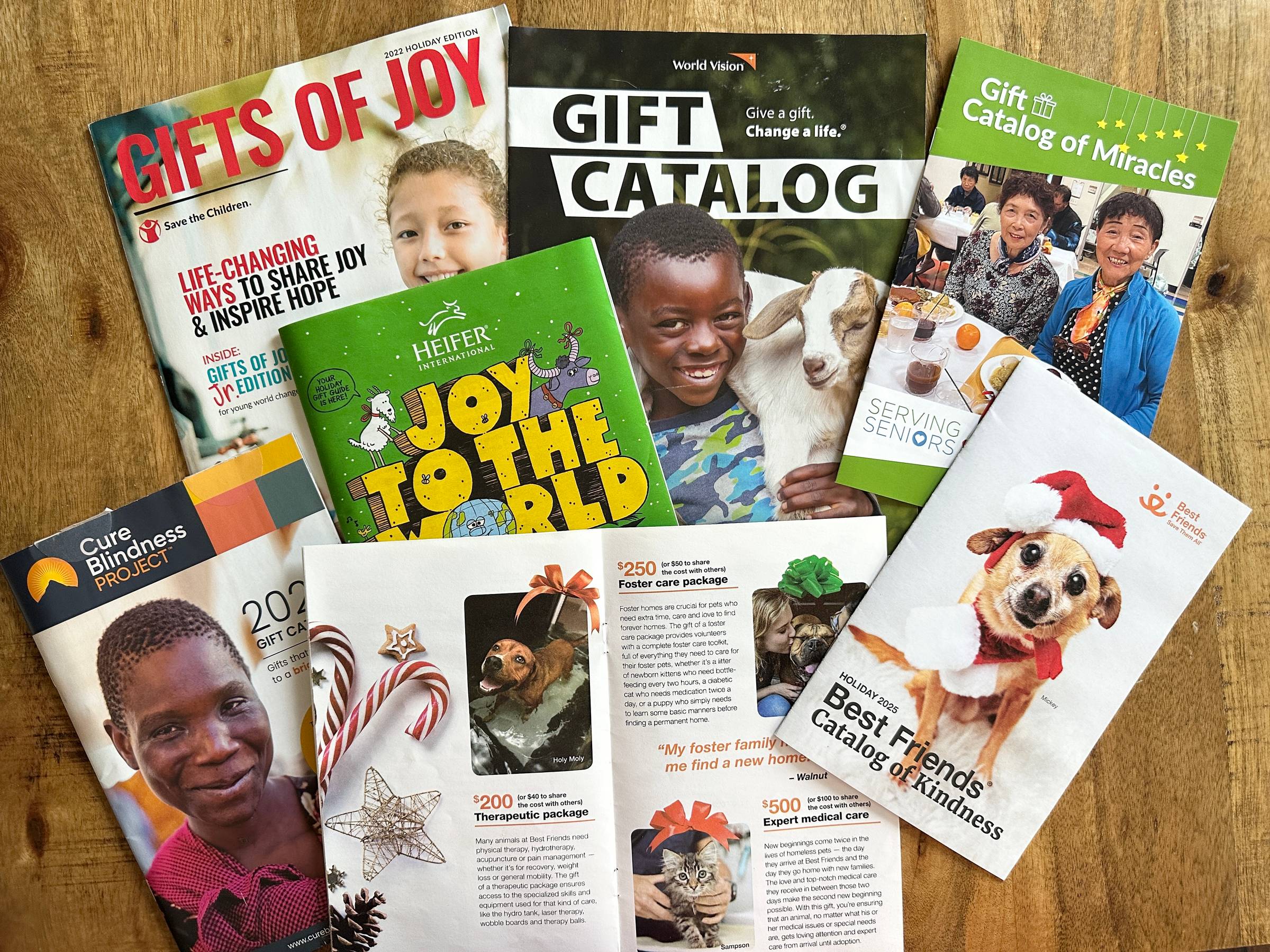 A photo of seven charity gift catalogs on a table, one is opened to reveal three gift items. One is therapy, one is medical care, one is foster care. All the catalogs have titles such as "Gift Catalog of MIracles" and "Gifts of Joy" and Best Friends' Cata