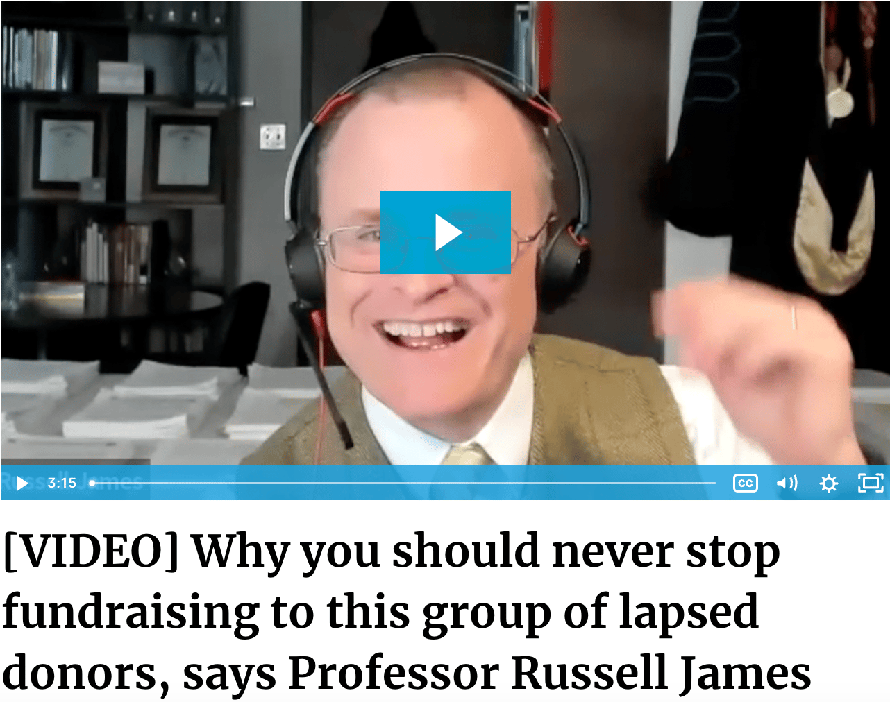 a screenshot of Professor Russell James answering questions during Tom Ahern's recent bequest marketing webinar