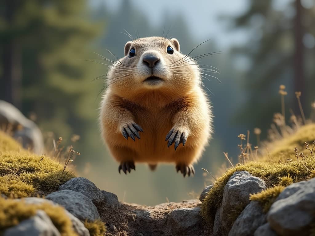 a cute marmot jumping over a gap underneath him