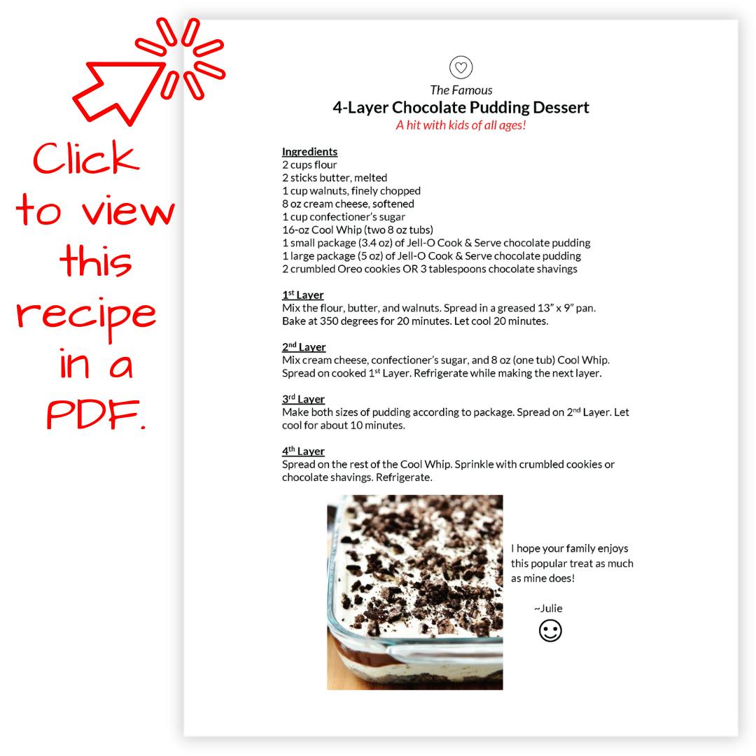 a recipe for the dessert with a note to "Click to view this recipe in a PDF"