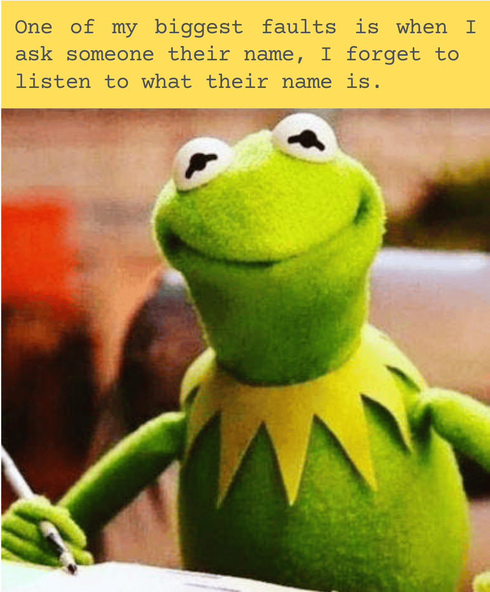 Kermit the frog meme. Kermit is looking at the camera. The words above him are "One of my biggest faults is that when I ask someone their name, I forget to listen to what their name is."