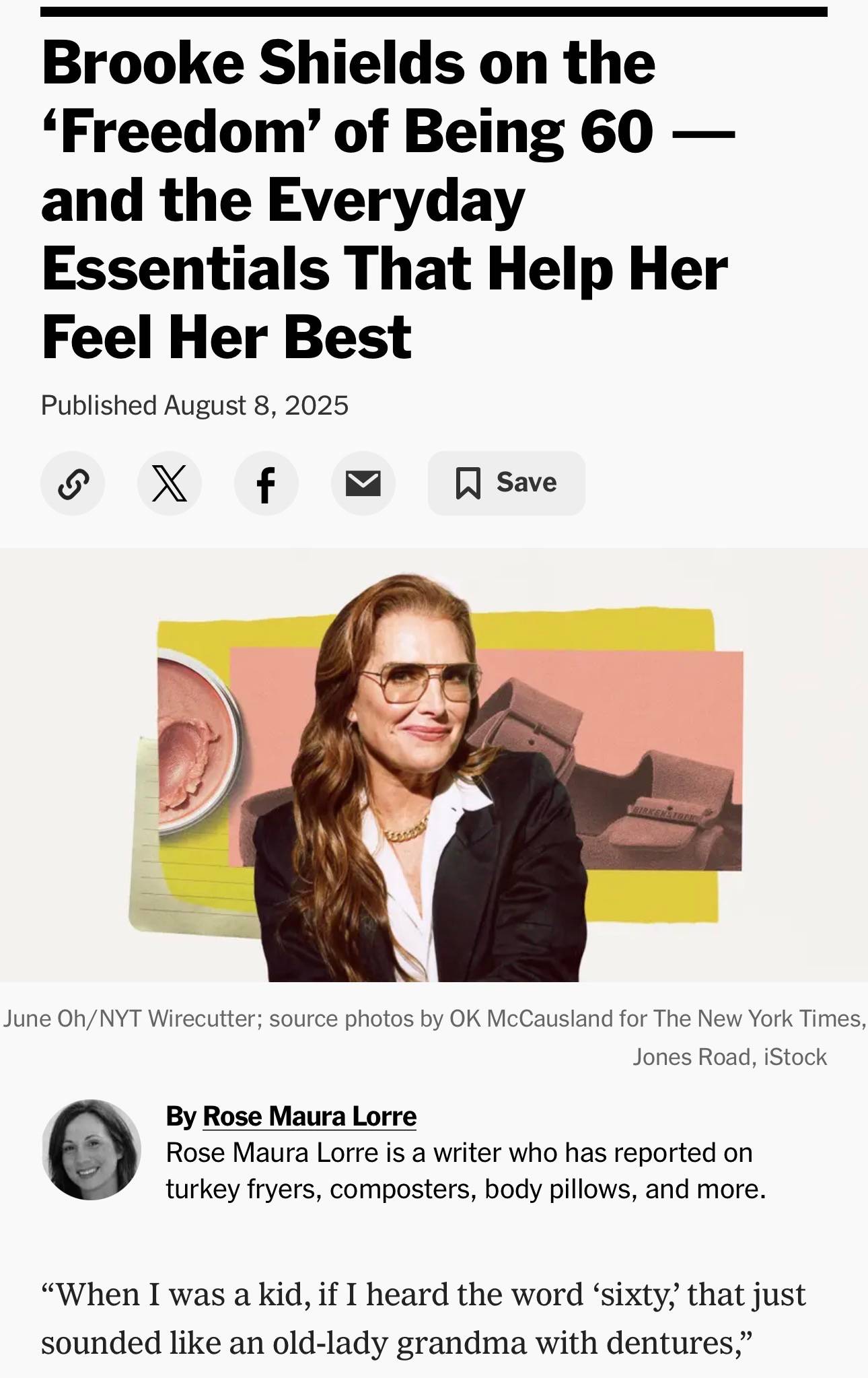 screenshot of article featuring a photo of Brooke Shields wearing glasses.