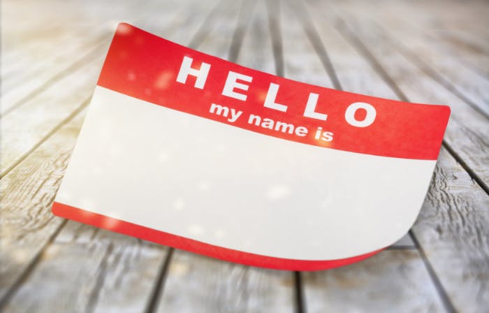 "Hello, my name is" name tag