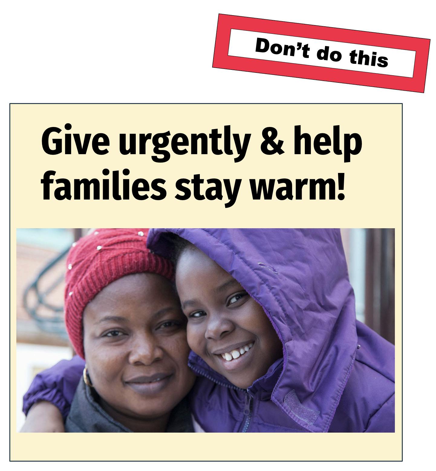 screenshot showing an image of a mother and daughter bundled up in warm winter gear, smiling, with the caption "Give urgently & help families stay warm!"