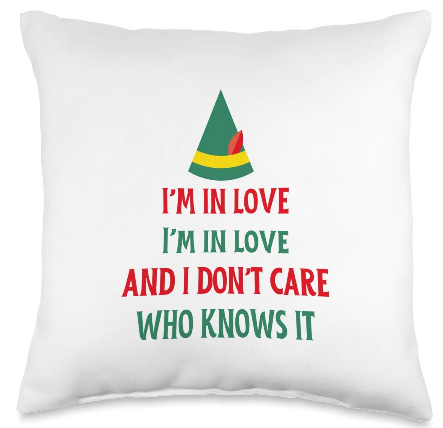 image of a pillow with the message: "I'm in love, I'm in love, and I don't care who knows it."