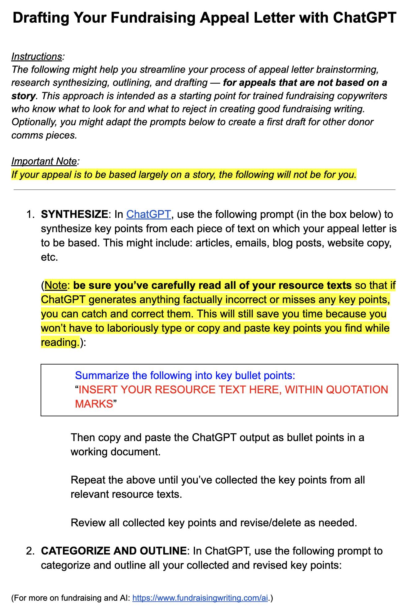 screenshot of the free 4-page document containing all of the instructions for Drafting your fundraising appeal letter with ChatGPT