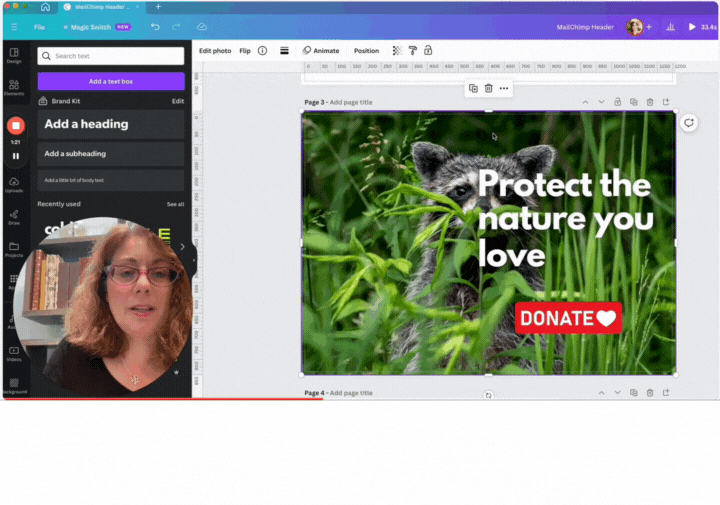 gif of Julie's Canva screen where she is moving an image of a raccoon to the left