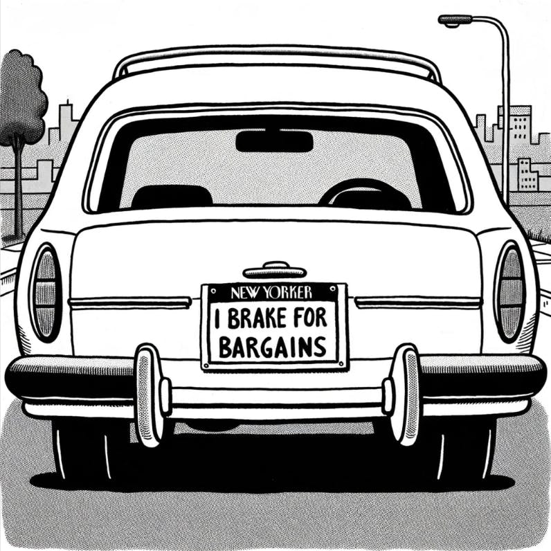 image of a car with a bumper sticker that reads "I brake for bargains"