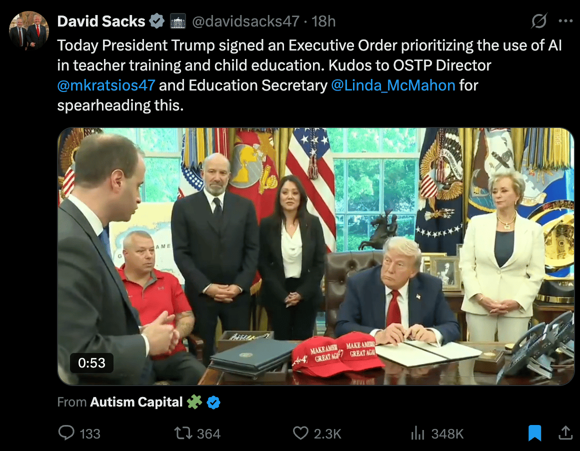 Screenshot: Today President Trump signed an Executive Order prioritizing the use of AI in teacher training and child education. Kudos to OSTP Director  @mkratsios47  and Education Secretary  @Linda_McMahon  for spearheading this.