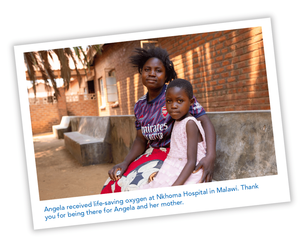 picture of Angela and her mother sitting on a bench with the caption: “Angela received life-saving oxygen at Nkhoma Hospital in Malawi. Thank you for being there for Angela and her mother."