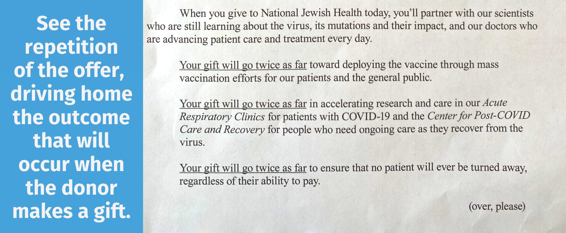 an excerpt of an appeal from National Jewish Health that repeats "your gift will go twice as far" three times, showing the outcome of a donor's gift