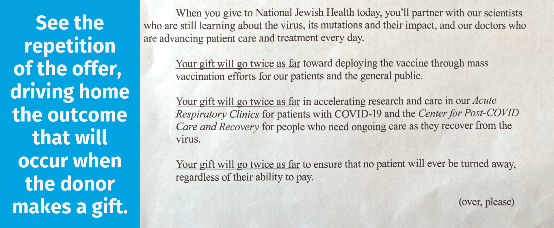 an excerpt of an appeal from National Jewish Health that repeats "your gift will go twice as far" three times, showing the outcome of a donor's gift