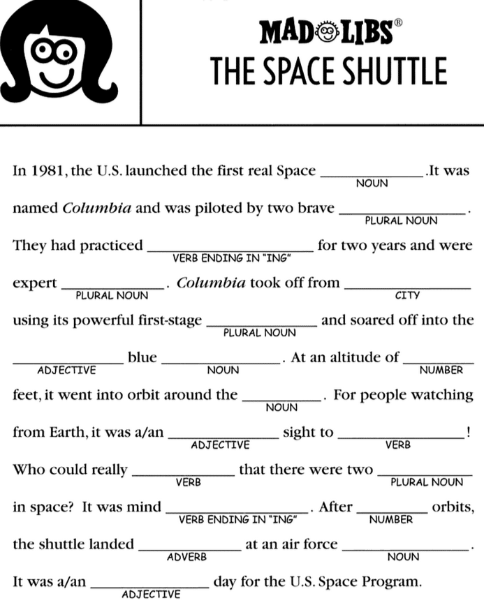 screen shot of a blank Mad Libs about The Space Shuttle