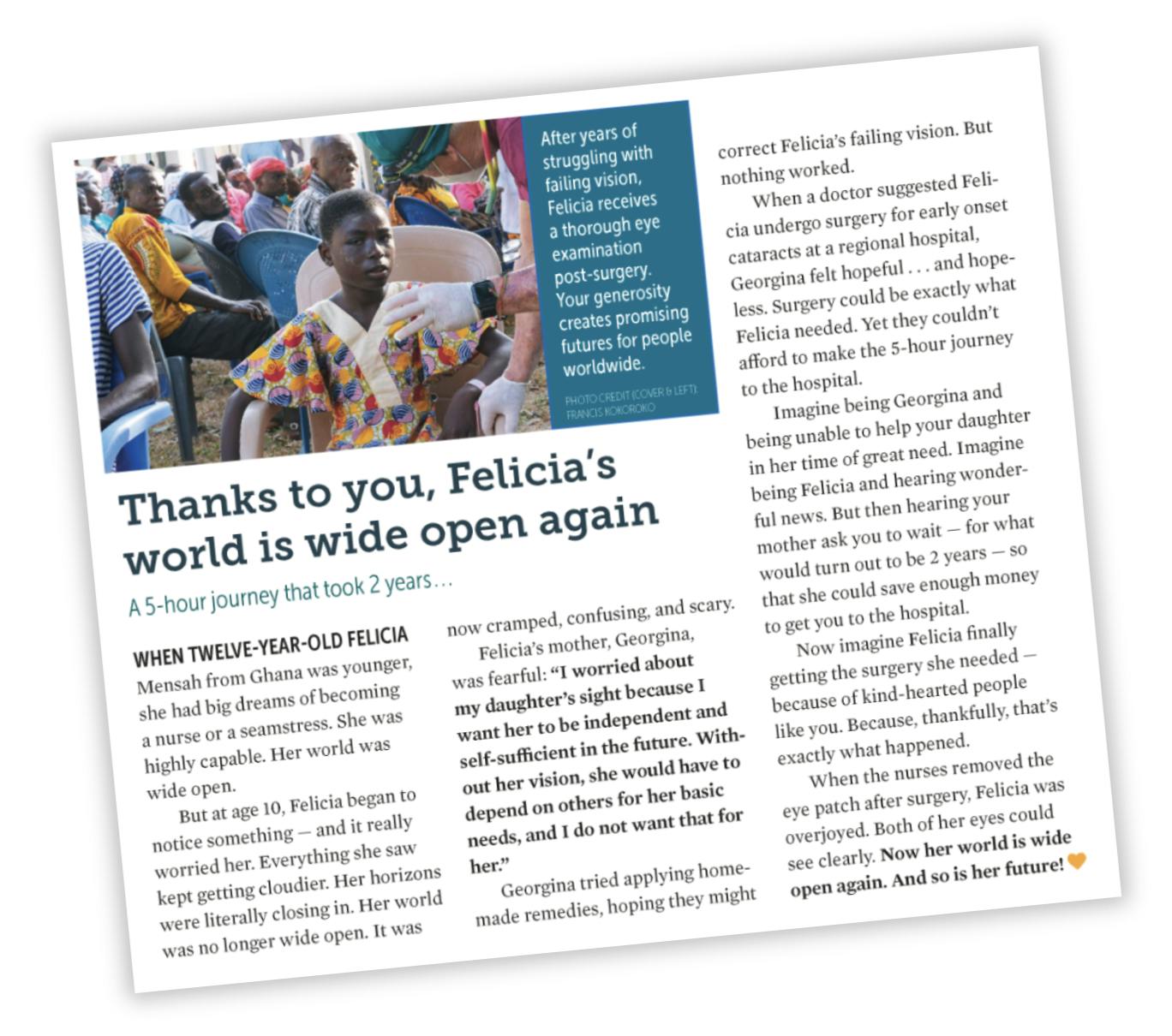 Image of a newsletter impact story. The head line is: Thanks to you, Felicia's world is wide open again"
