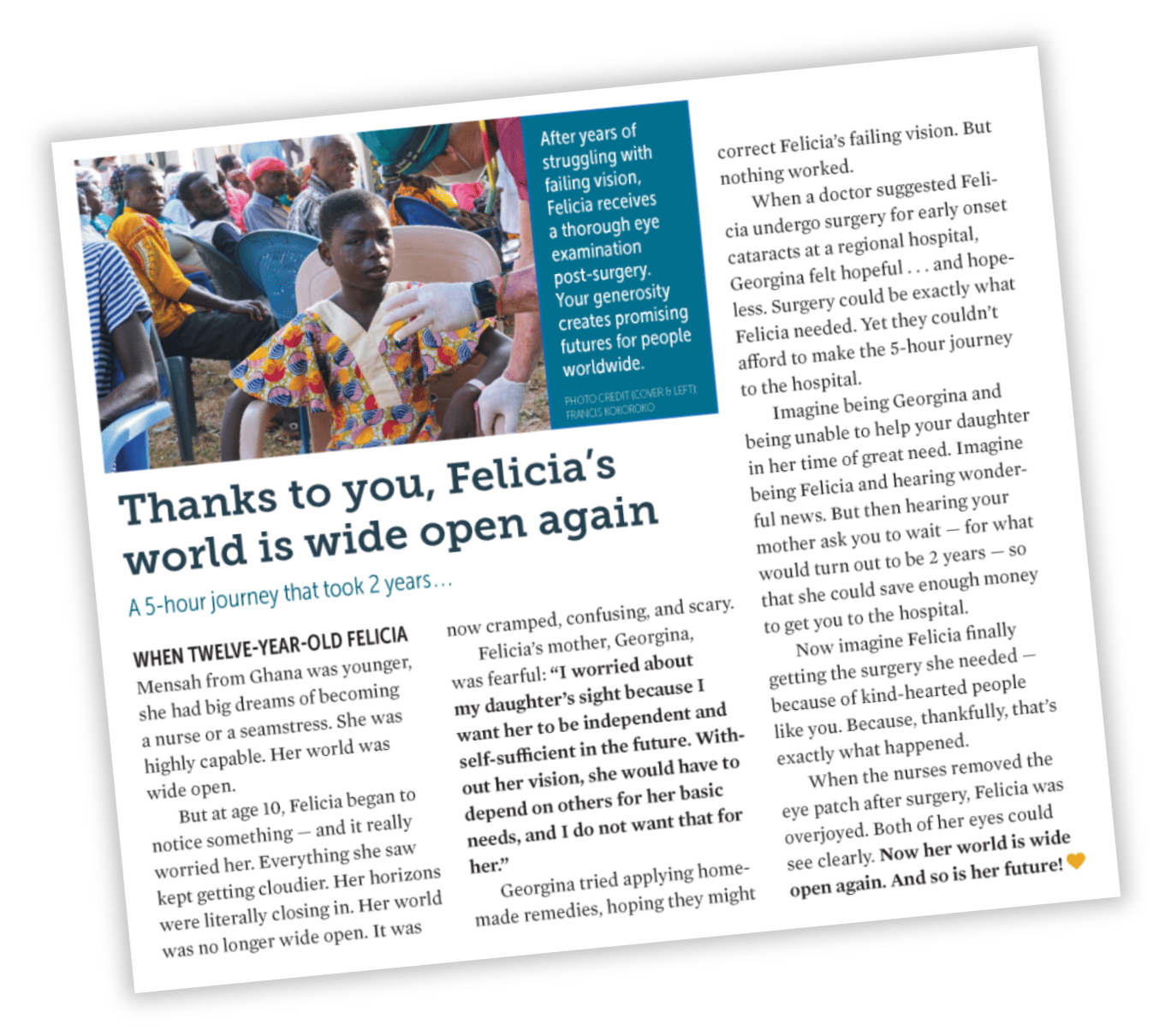 Image of a newsletter impact story. The head line is: Thanks to you, Felicia's world is wide open again"