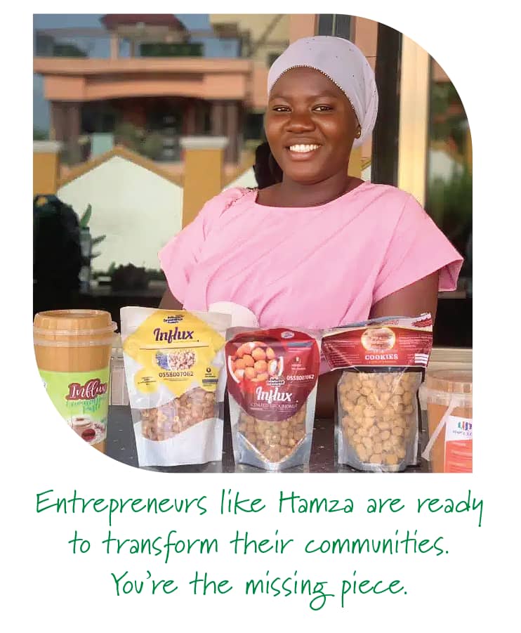 a photo and caption. The caption is: Entrepreneurs like Hamza are ready to transform their communities. You're the missing piece."