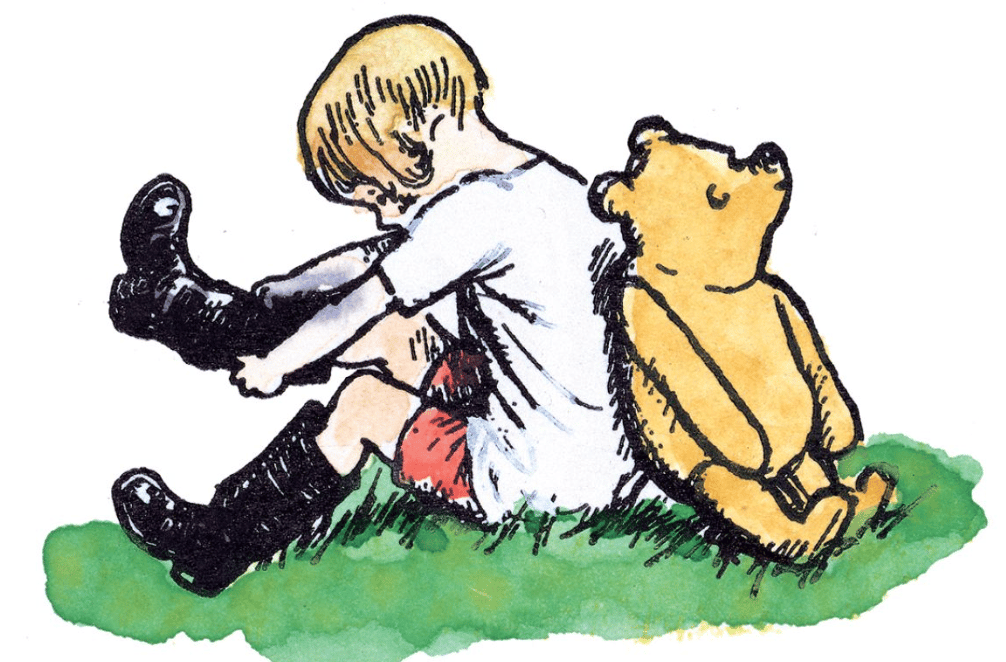 an AA Milne illustration of Christopher Robin and Winnie the Pooh