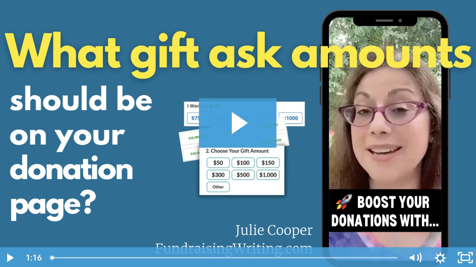 image of Julie Cooper with a video caption: "What gift ask amounts should be on your donation page?"