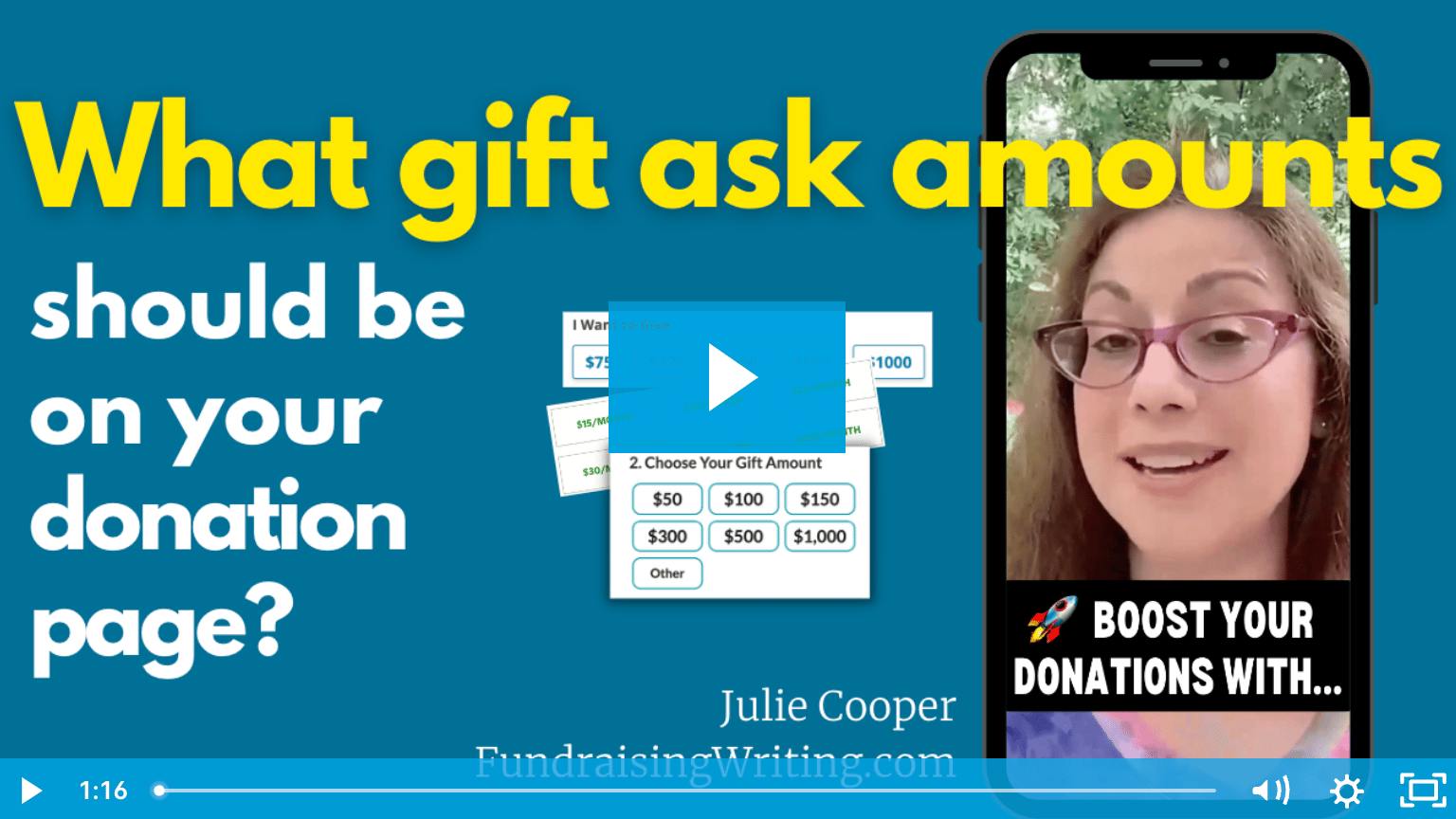 image of Julie Cooper with a video caption: "What gift ask amounts should be on your donation page?"