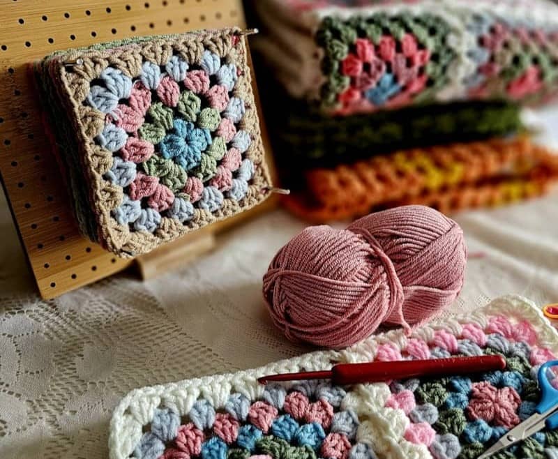 A crocheted blanket and a crochet kit on a bed