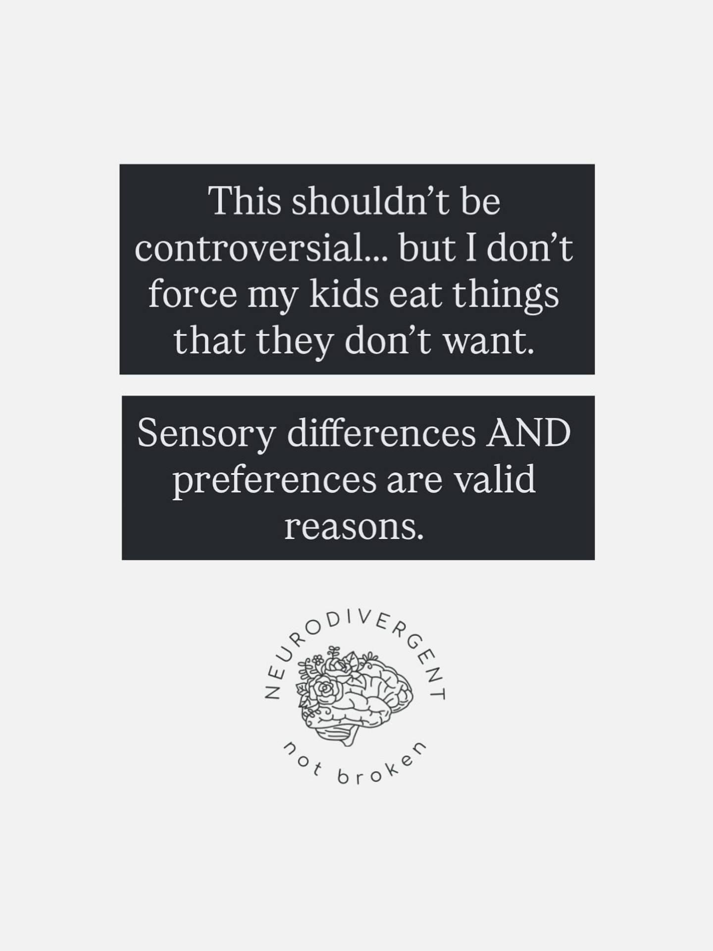 This shouldn’t be controversial…but I don’t force my kids to eat things that they don’t want.

Sensory differences AND preferences are valid reasons. #isaidwhatisaid #neurodivergentnotbroken #neurodiversityacceptance #neurodiverse #neurodivergent #adhd #autism #parenting #acceptence #adhdparenting #adhdkids #autistickids
