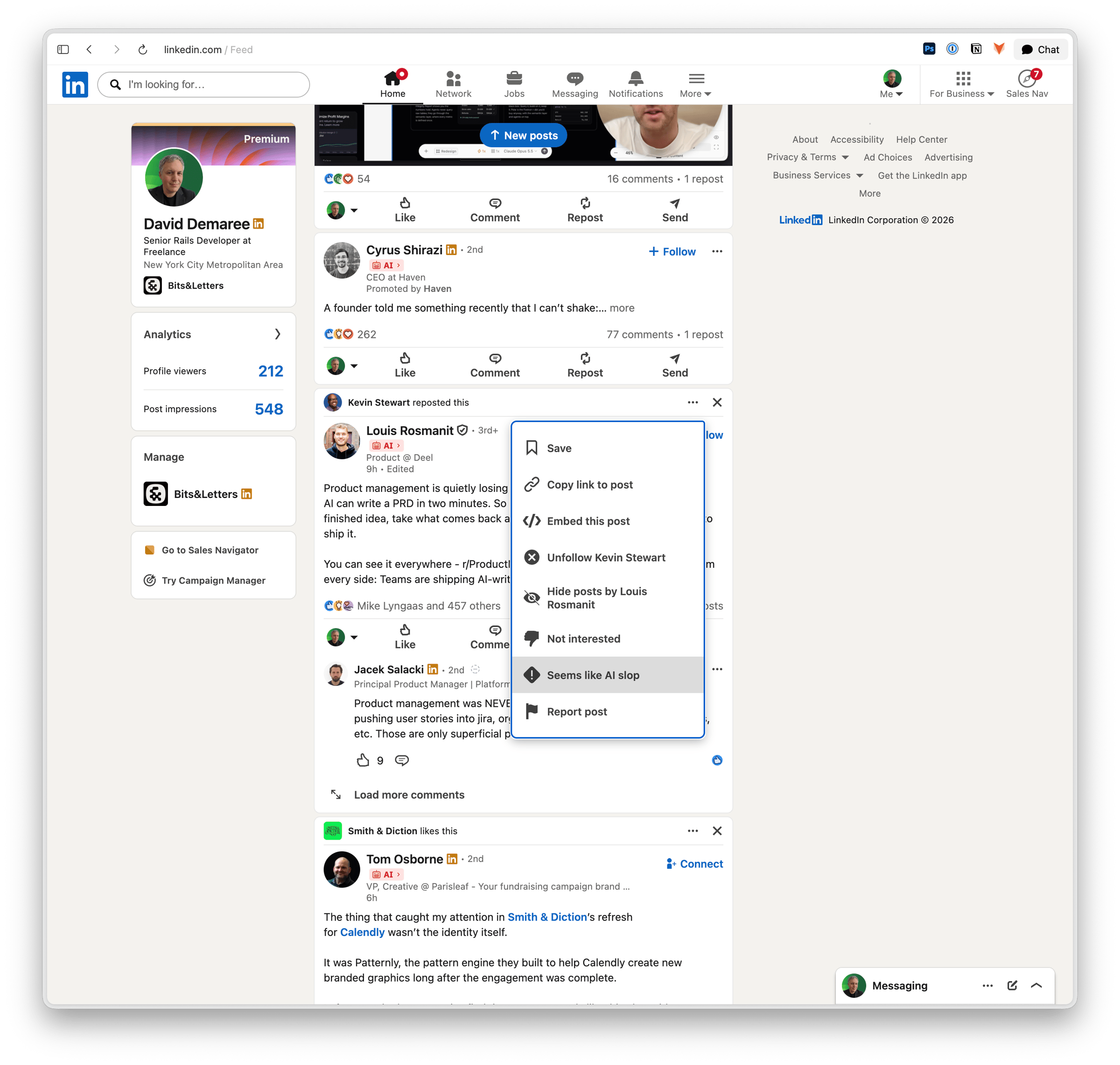 Screenshot of LinkedIn with AI detection badges