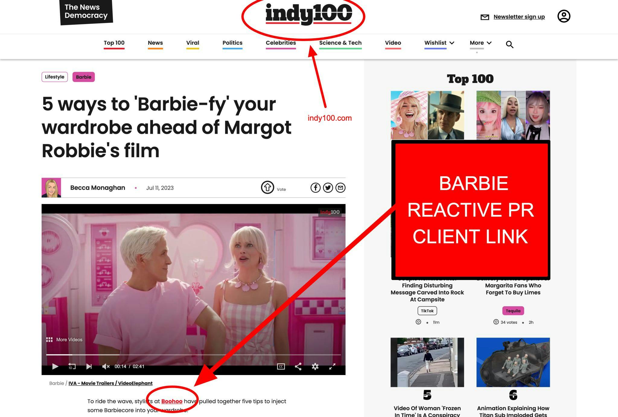 How Search Intelligence reacted to the Barbie movie and landed links in Indy 100, Yahoo News, MSN, and more for their Fashion Client