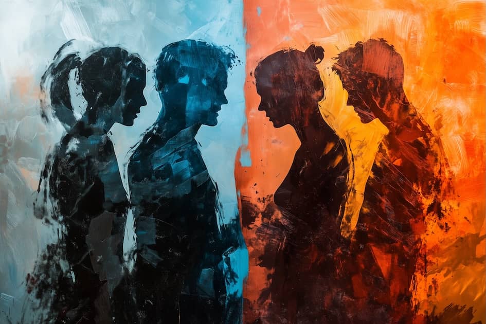 Two opposing groups of people facing each other. Silhouettes. One side blue background, the other red 