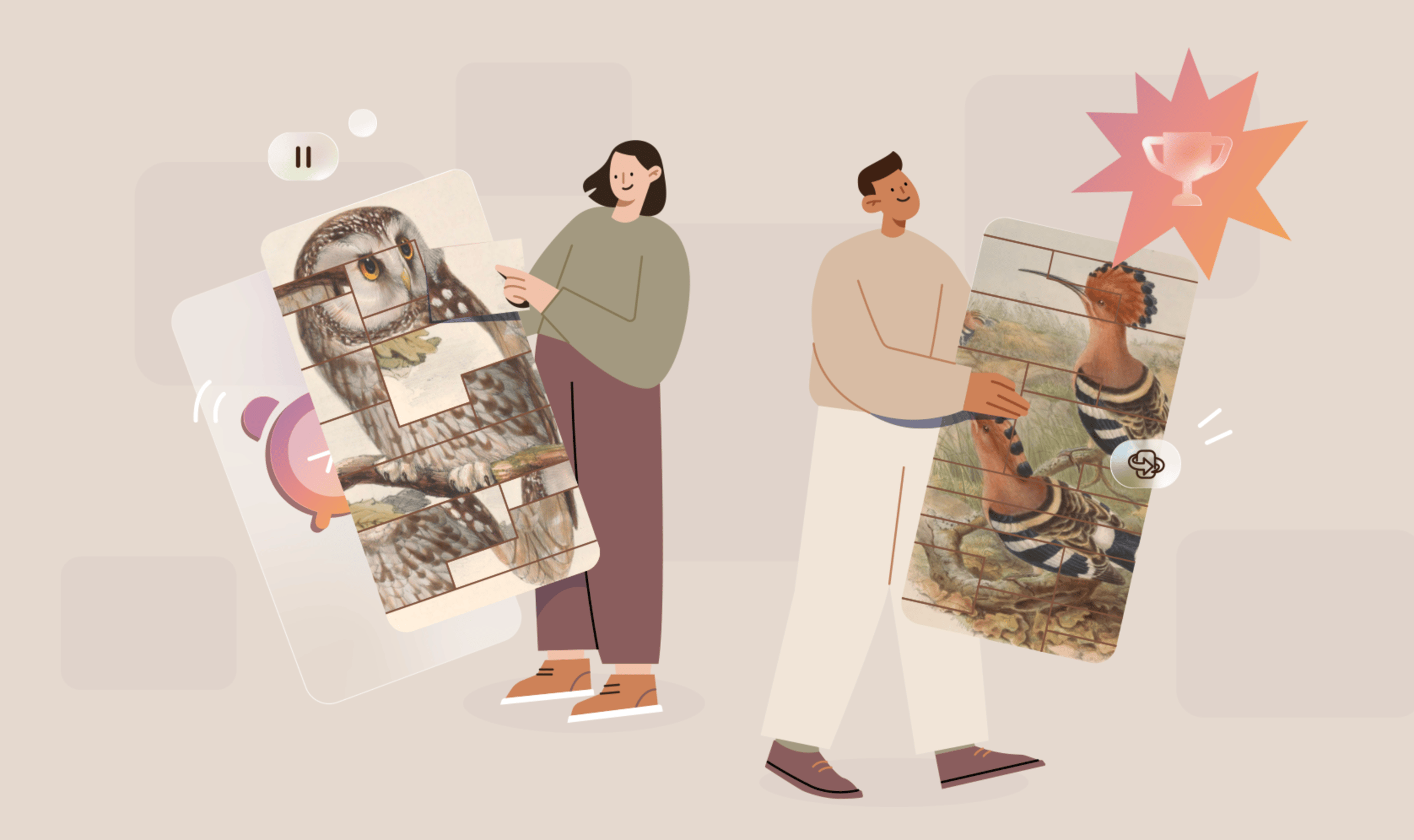 Promo graphic for Art of Fauna. Shows two catchers next to each other, both holding an overly sized puzzle in their hand. Behind the left puzzle is a clock. Above the right one is a trophy icon