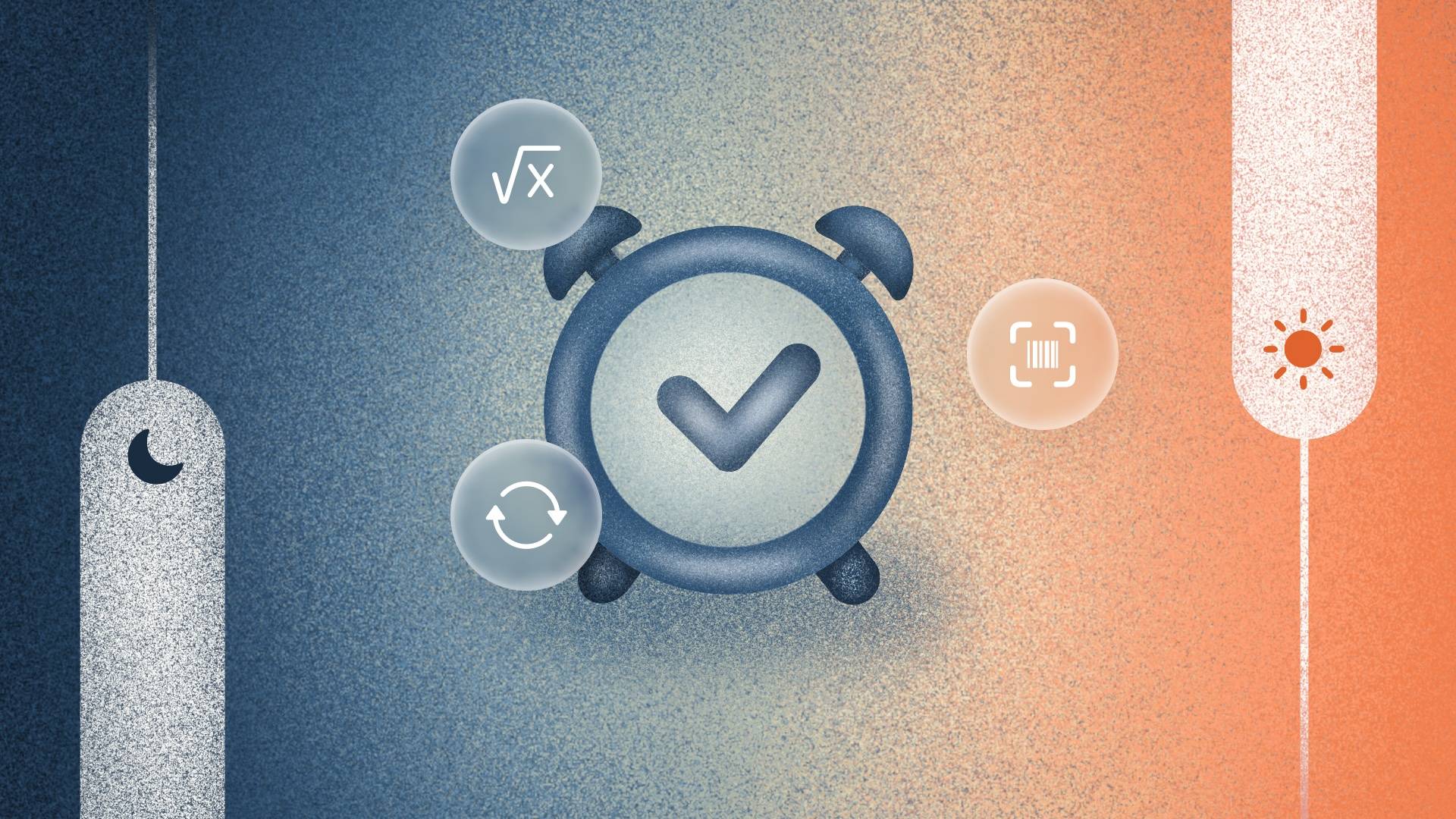 Promo graphic for awake. It shows an alarm clock in the center, with some glassy icons on top (one showing an equation, one a circle arrow, one a barcode). Left and right of the alarm clock are a time indicator each. The left shows a moon, the right a sun.