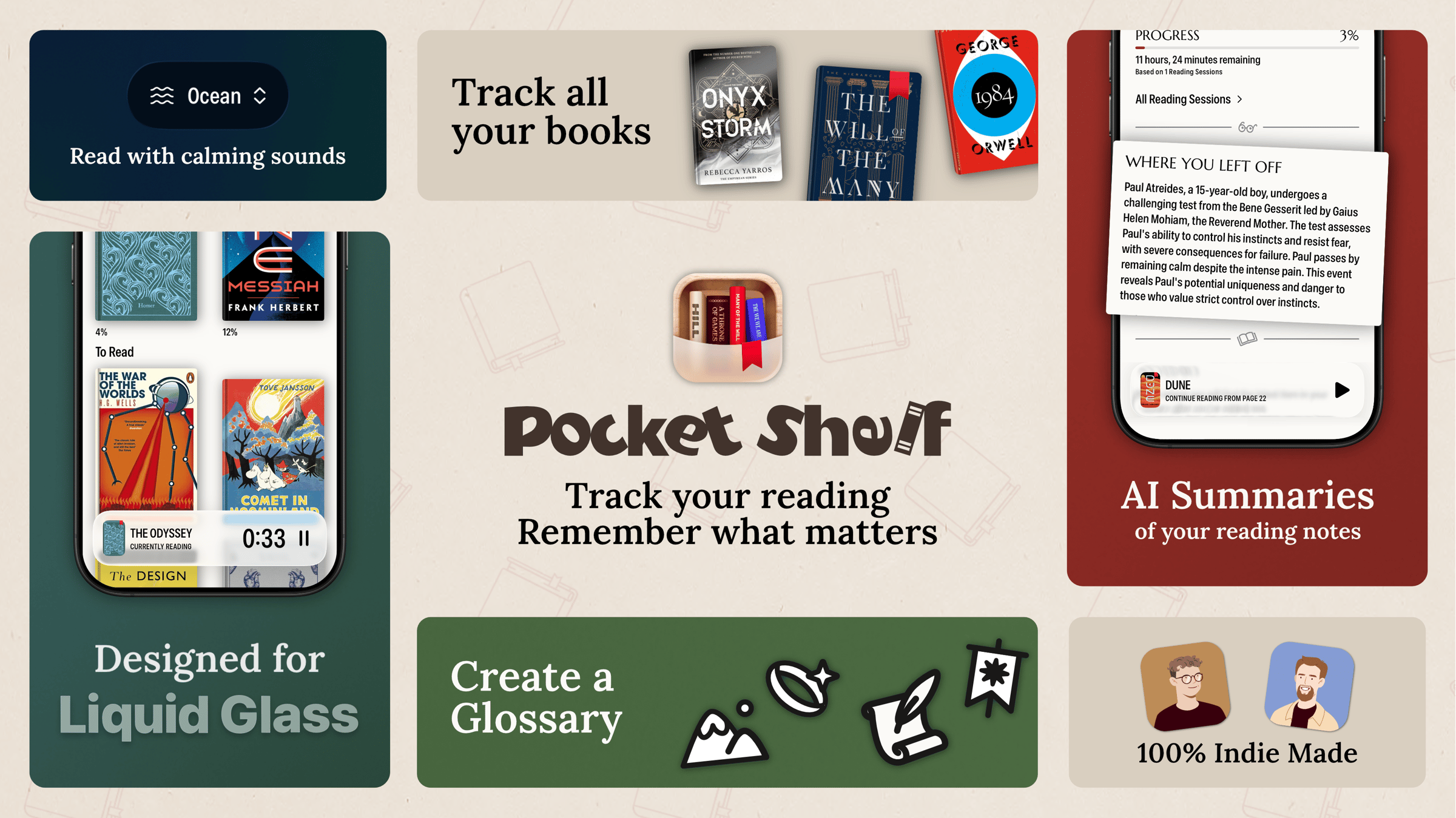 Bento style promo graphic of PocketShelf. The center shows the app icon and logo, with the slogan: "Track your reading. Remember what matters".  Other items show: "Read with Calming sounds", "Track all your Books", "AI summaries of your reading Notes", "Designed for Liquid Glass", "Create a Glossary" and "100% indie made"