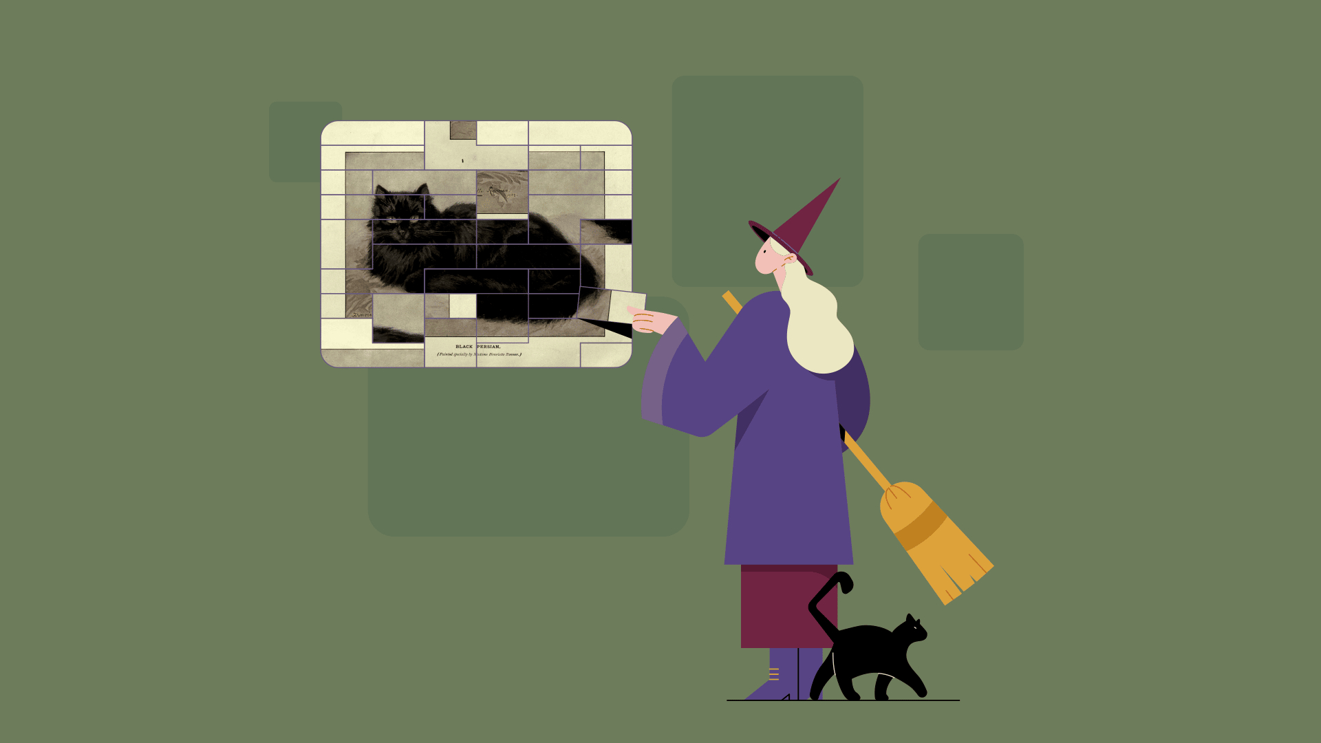 A vector styled promo graphic showing a witch solving a puzzle of a black Persian cat. Next to her feet is a black cat.