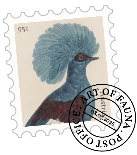 Graphic of a postmark with stamp. The postmark shows a pigeon, while the stamp says "Art of Fauna Post Office, 08.07.2025"