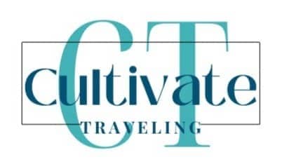 Cultivate Traveling logo with turquose blue and tan. Toolkit on an ipad and also an opened book with a free download sticker.