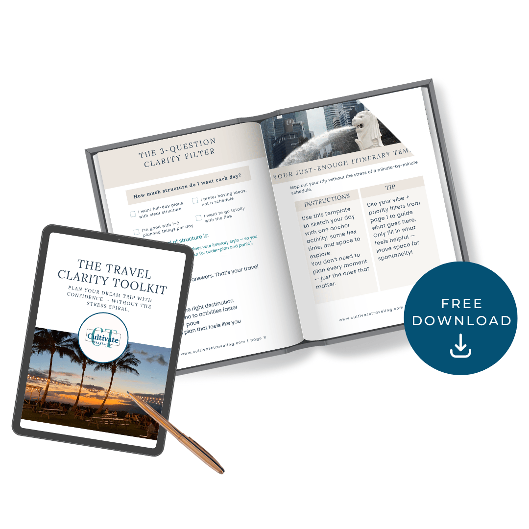 Cultivate Traveling logo with turquose blue and tan. Toolkit on an ipad and also an opened book with a free download sticker.