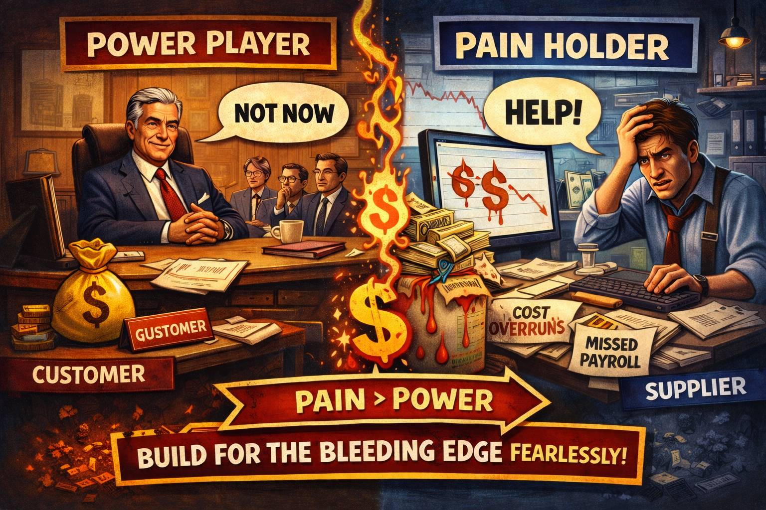 A split illustration showing the difference between power and pain in B2B: a comfortable decision-maker who feels no urgency on one side, and a stressed supplier losing money on the other—highlighting that the real customer is the one who feels the financ