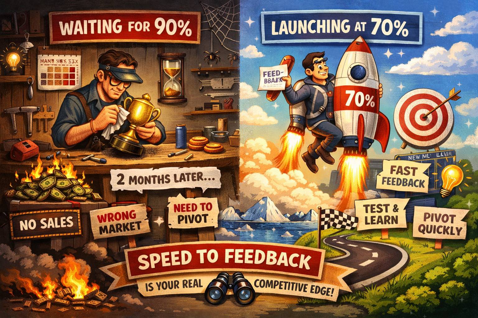 A split illustration comparing two founders: one spends months polishing a “90% perfect” product that ends with no sales and a forced pivot, while the other launches at 70%, gets fast feedback, tests quickly, and iterates toward success.