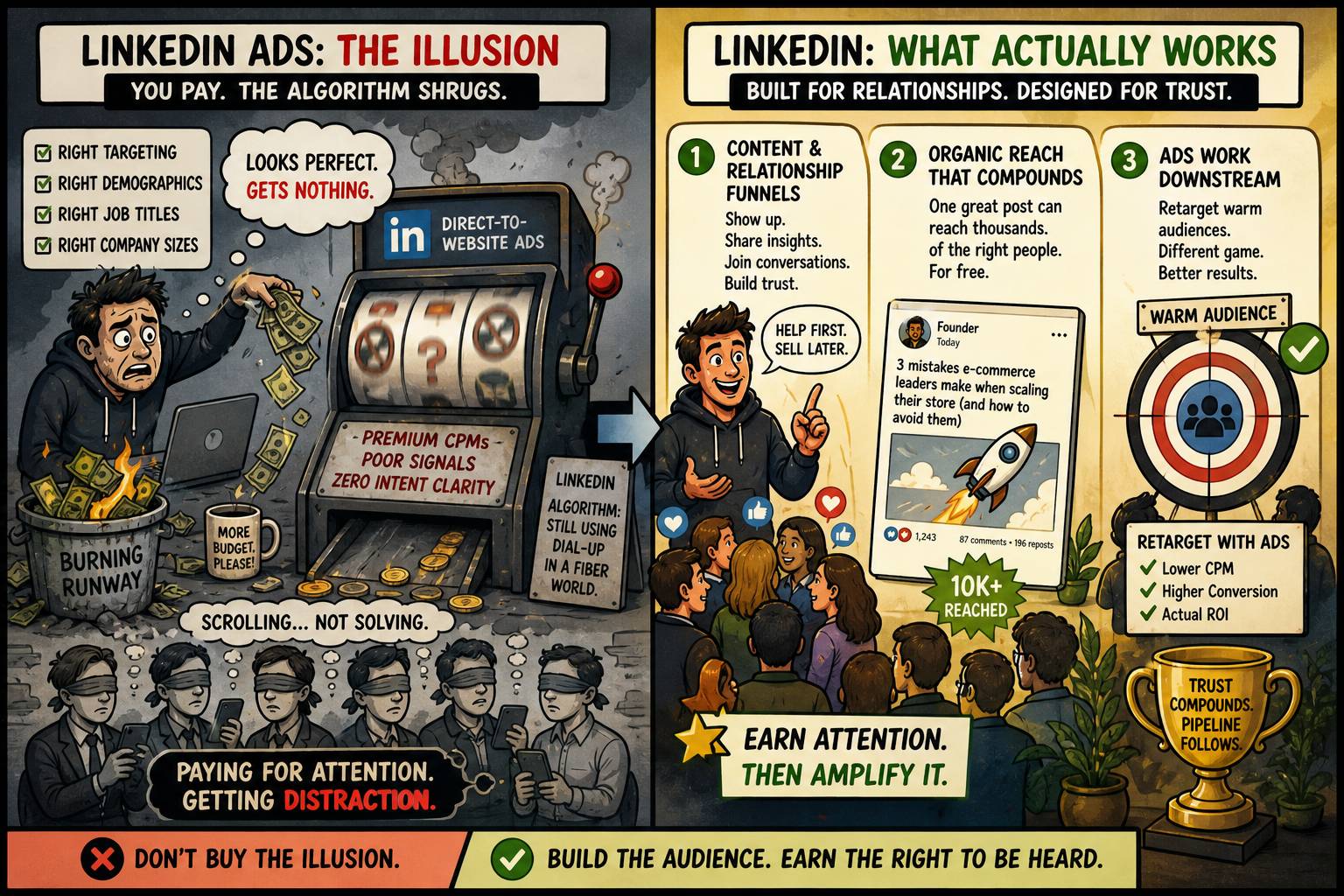 A split illustration showing wasted spend on ineffective LinkedIn ads on one side, and a founder building trust through content and organic reach on the other—highlighting that relationships drive results, not cold ads.