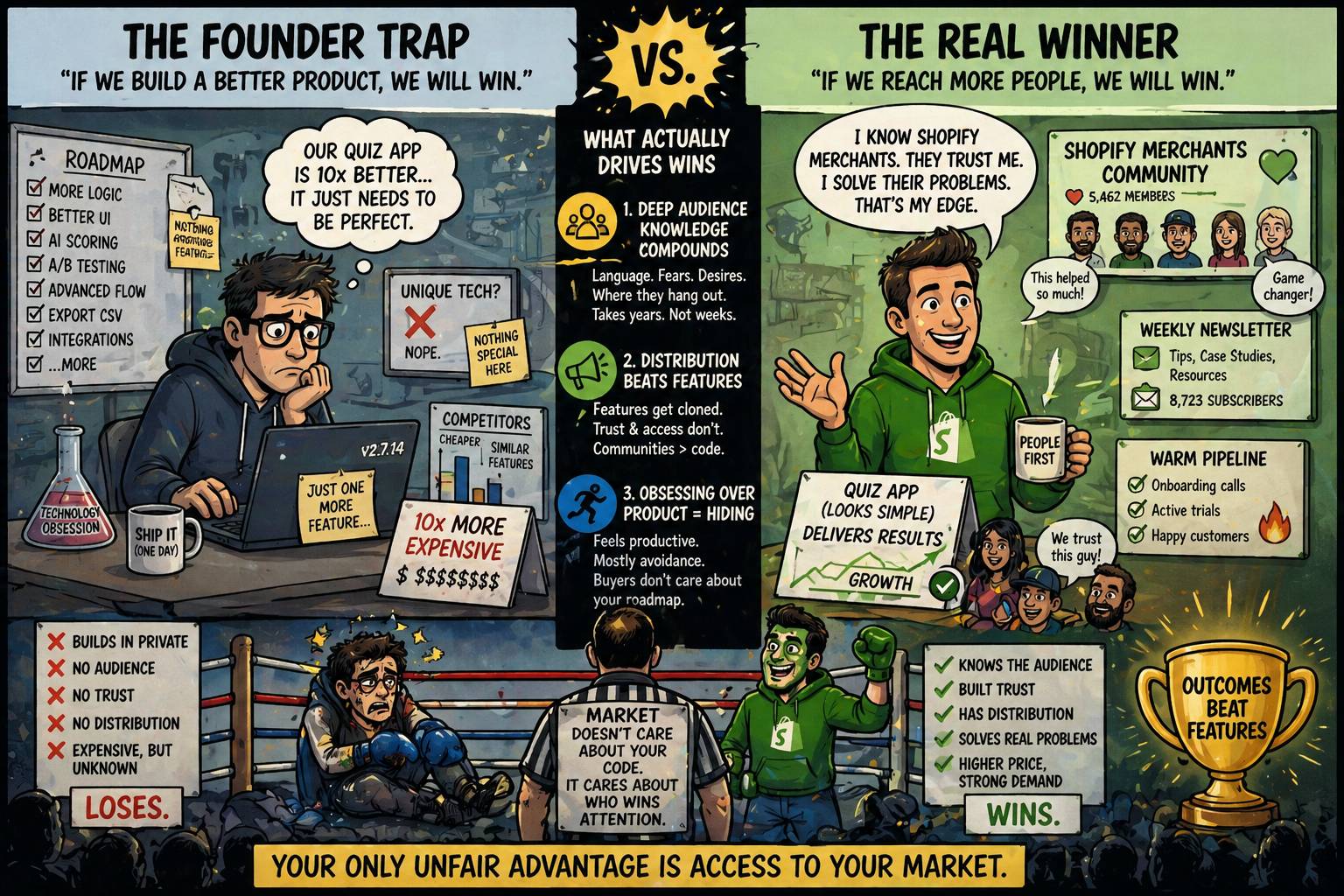 A split illustration showing a founder obsessing over building a “better” product in isolation on one side, and another winning through audience trust and distribution on the other—highlighting that access to customers beats product features.